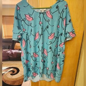 Rare SHAVONNE DORSEY Face Pattern High Low Ruffle Tunic Top size XL●